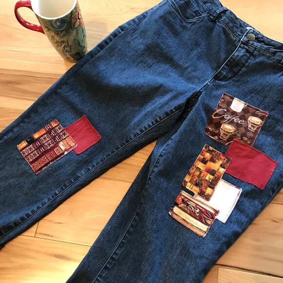 Upcycled Coldwater Creek Cropped Jeans, Coffee Books Theme Capris, Size 10 - Picture 6 of 10